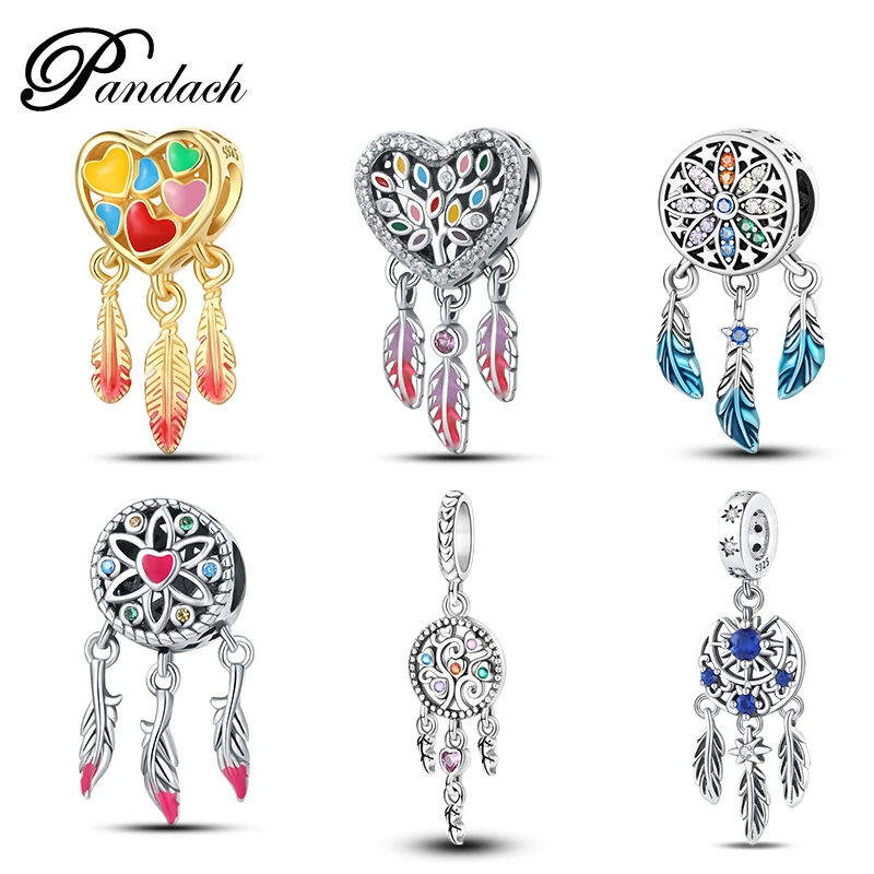 100% 925 Sterling Silver Colorful Heart Shaped Dreamcatcher Charms Beads Fit Pandora Original Bracelet Fine DIY Birthday Jewelry