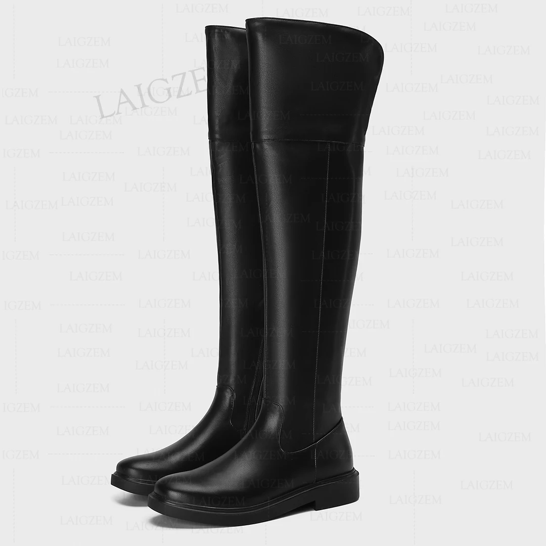 LAIGZEM Women Over Knee High Boots Real Leather + Synsthetic 3CM Low Heels Tall Boots Ladies Shoes Woman Plus Size 37 40 42 43