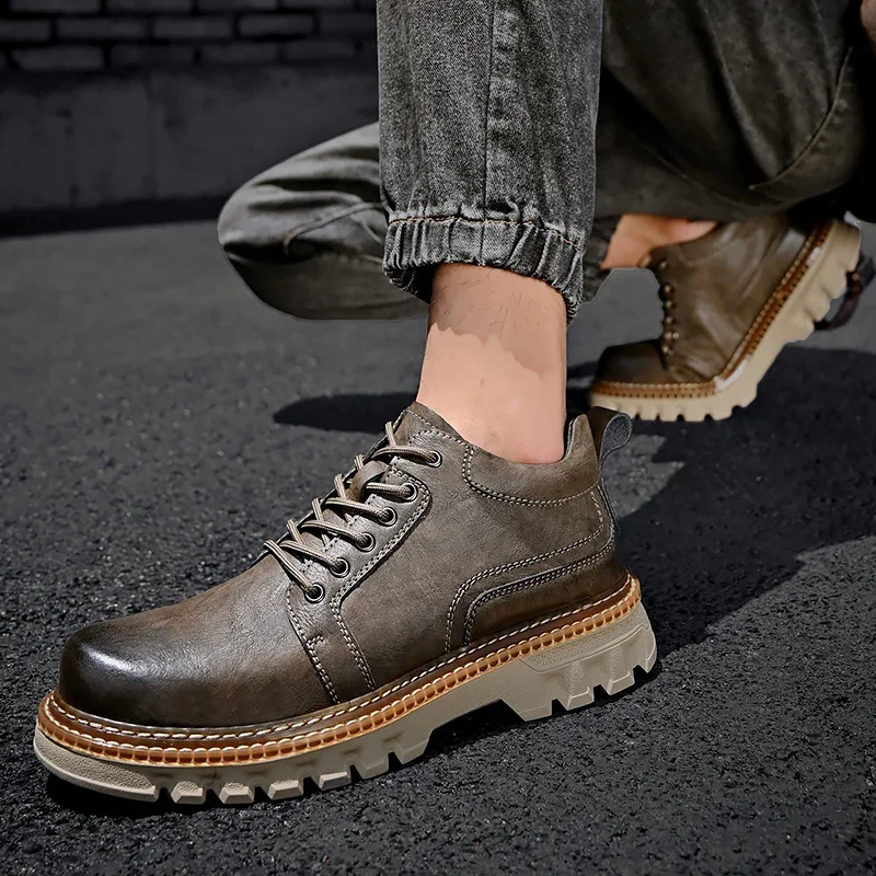 British Style Platform Work Shoes Men Boots Leather Men Autumn Winter High-top Casual Fashion Platform plush warm Boots Man