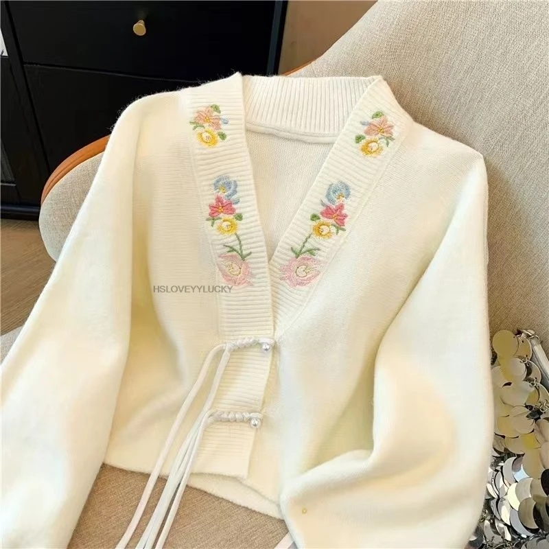 Retro Chinese Style Disk Buckle Long Sleeve Embroidery Knitted Cardigan Autumn New Casual Short Loose Sweater Coat Tangsuit Top