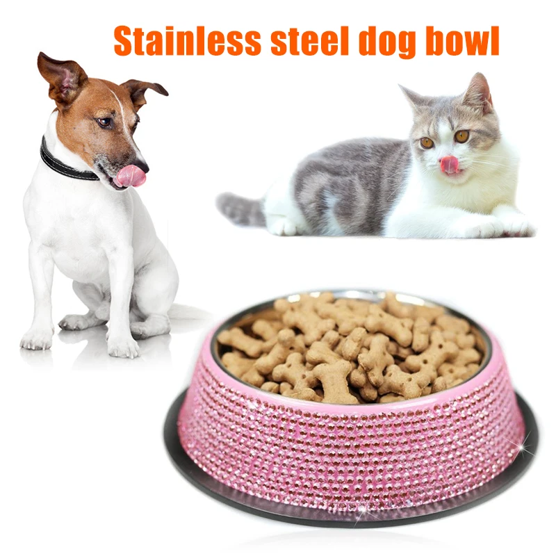 Rhinestone Inlaid Pet Bowl Color Random Stainless Steel Feeders For Dogs Pet Drinking Bowl Dogs Accessories Cat Accessories