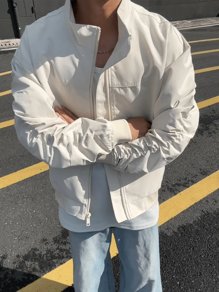 سترة رجالية بيضاء بيضاوية قصيرة من كلينفيت لفصل الخريف، ذات إحساس راقٍ وأسلوب أمريكي أنيق، بياقة عالية وأكمام طويلة وسحاب، تص... #3