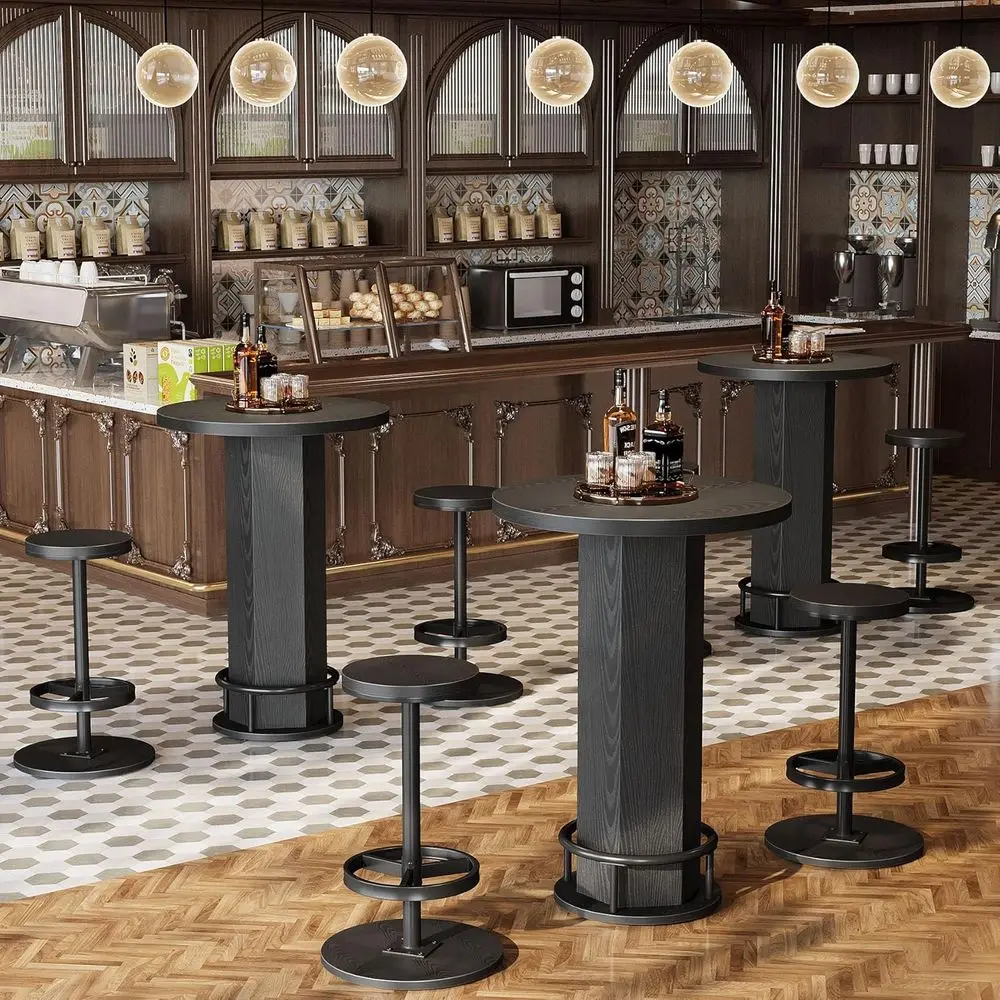 Kompaktowy 3-częściowy zestaw do jadalni dla dwojga, okrągły stół kuchenny z parą krzeseł, wysoki stół barowy w kolorze czarnym, kompaktowy stół pubowy do mieszkania.