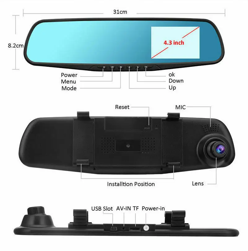 Car DVR Mirror Dash Camera 4.3''1080P Dual Lens Mirror Dash Cam Reversing Camera Video Recorder Rearview Mirror Digital Recorder