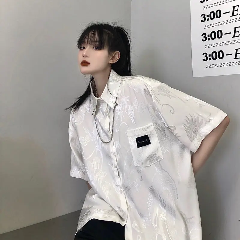 QWEEK Harajuku Blouse Women Vintage Streetwear Dragon Print White Shirt Oversized Short Sleeve Top Button Up Chinese Style Punk