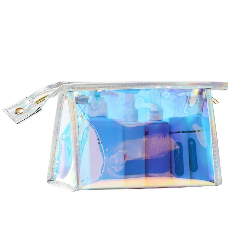 Waterproof Zipper Make Up Beauty Case Female Girls Stationery Bag Cosmetic Bag Laser Color Transparent PVC Toiletry Makeup Bag