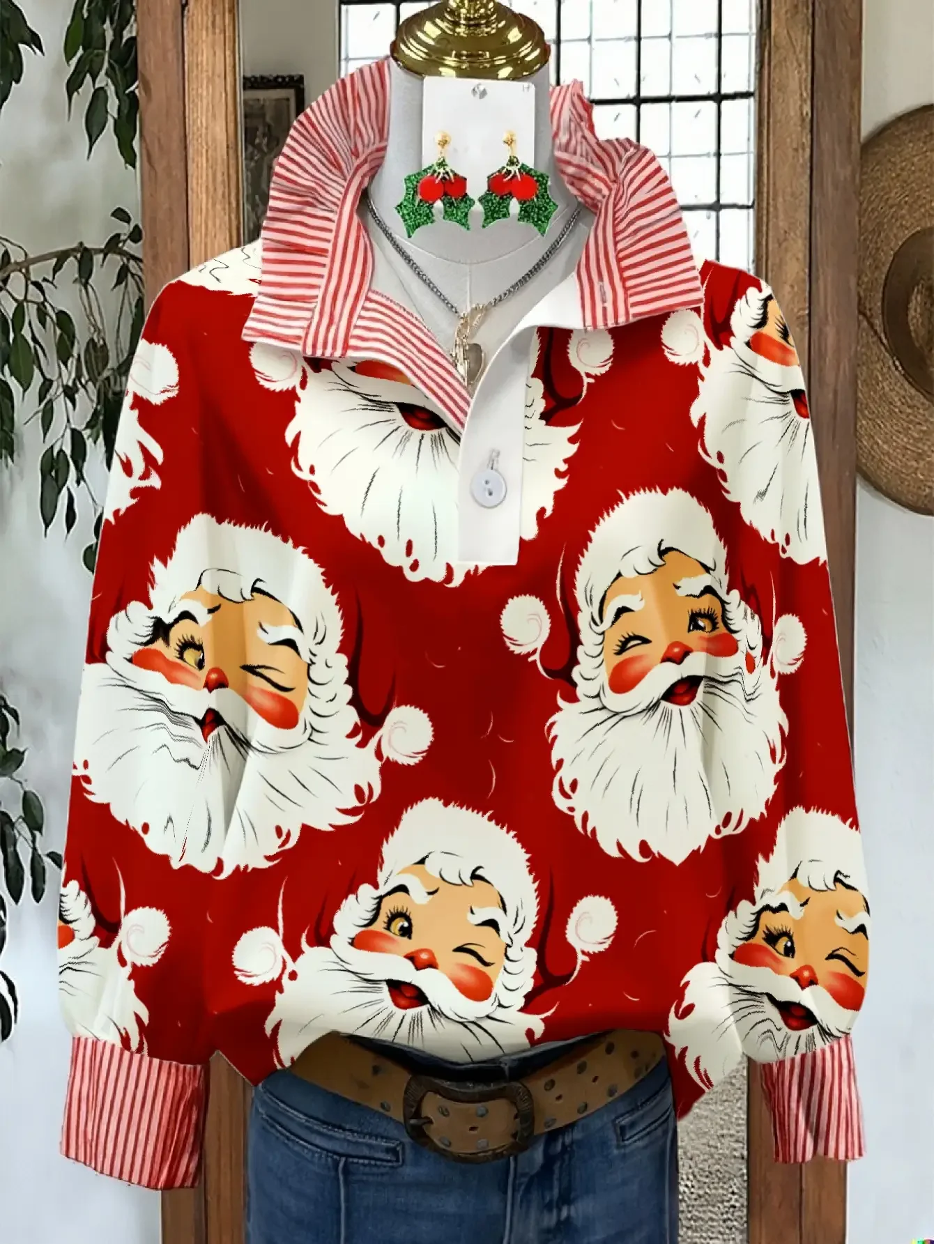 

Ladies' Spring and Autumn Winter Collection Women's Stand up Collar Long Sleeve Shirt, with Exquisite Printed Santa Claus