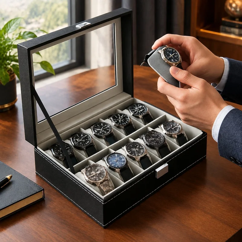 PU Leather Display Organizer with Glass Lid, Multi-Compartment Storage Box for Watches and Jewelry, 2-12 Slots for Men
