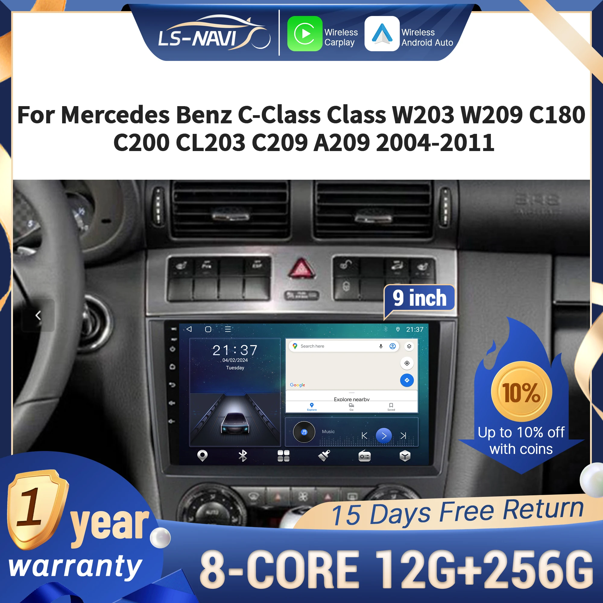 

Для Mercedes Benz C-Class Class W203 W209 C180 C200 CL203 C209 A209 2004-2011 Android 14 Автомобильное радио Беспроводной BT CarPlay Экран