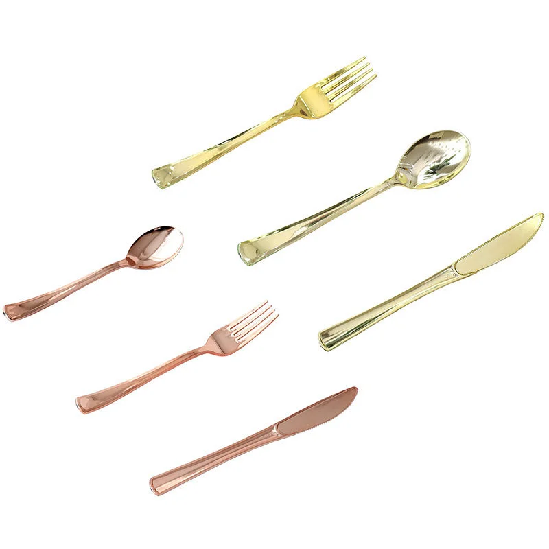 10pcs Knife fork and spoon set disposable golden silver rose gold knife and fork spoon plastic tableware set birthday party
