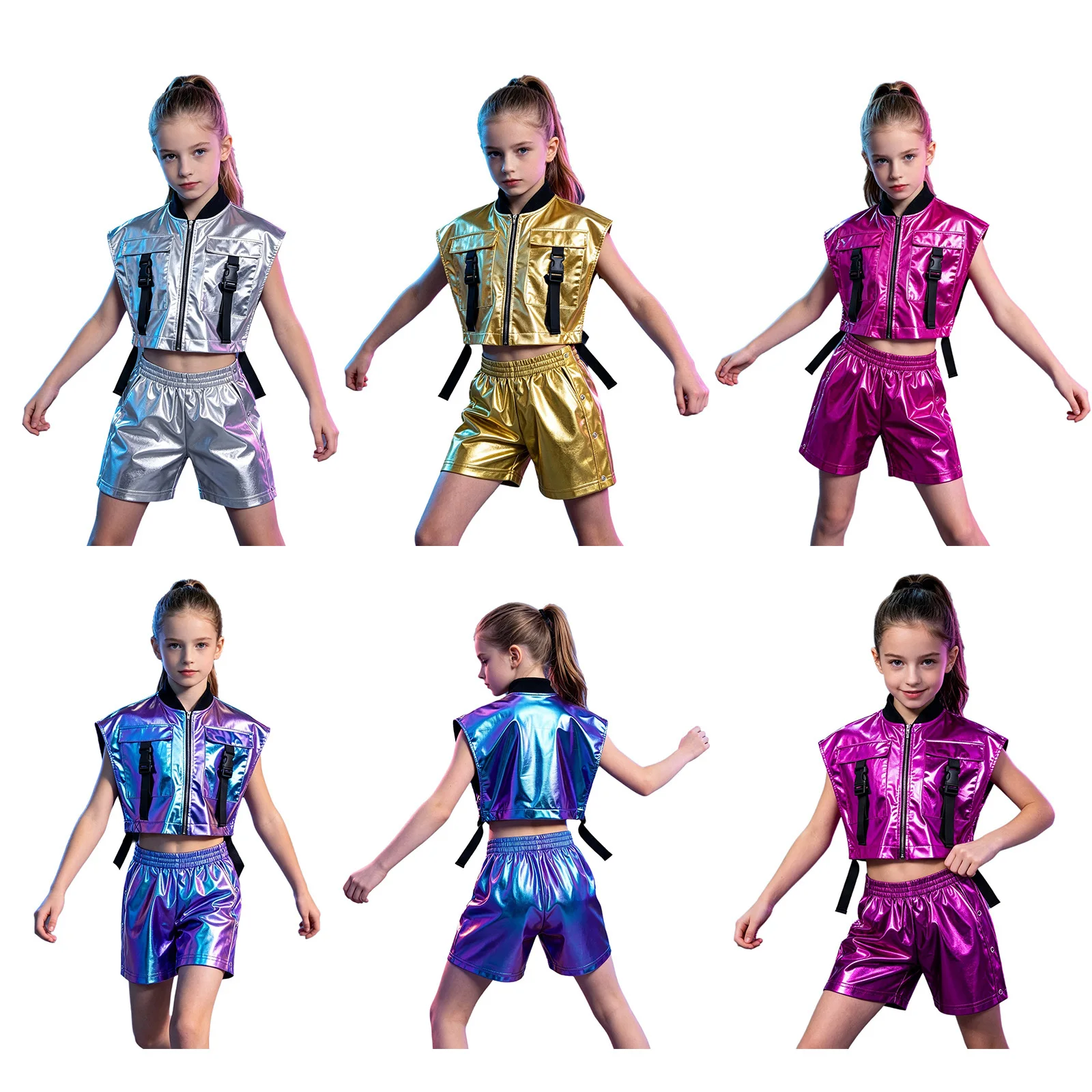 Kinder Mädchen Hip-Hop Jazz-Tanz-Outfit Aufführungskostüm mit seitlich geöffneter Metallweste mit Reißverschluss und seitlichen Druckknöpfen sowie glänzenden Shorts – Detail 2