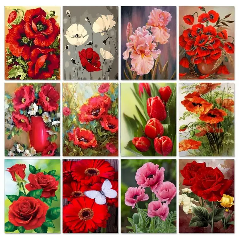 

GATYZTORY Picture By Numbers Flower Red HandPainted Kits Wall Art On Canvas Diy Framed Paint By Numnbers Poppy Gift Home Decor