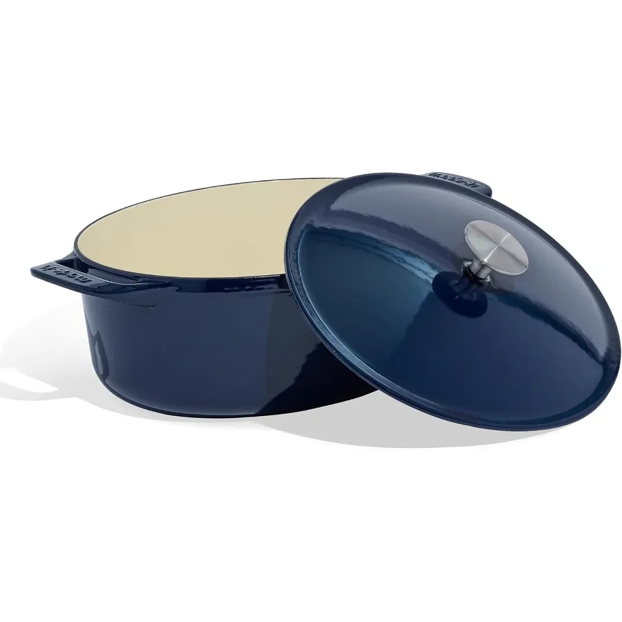 

Oval Dutch Oven 7.5 Quart in Blue Enameled Cast Iron for Professional Cooking Applications Exceptional Heat Retention and Durab
