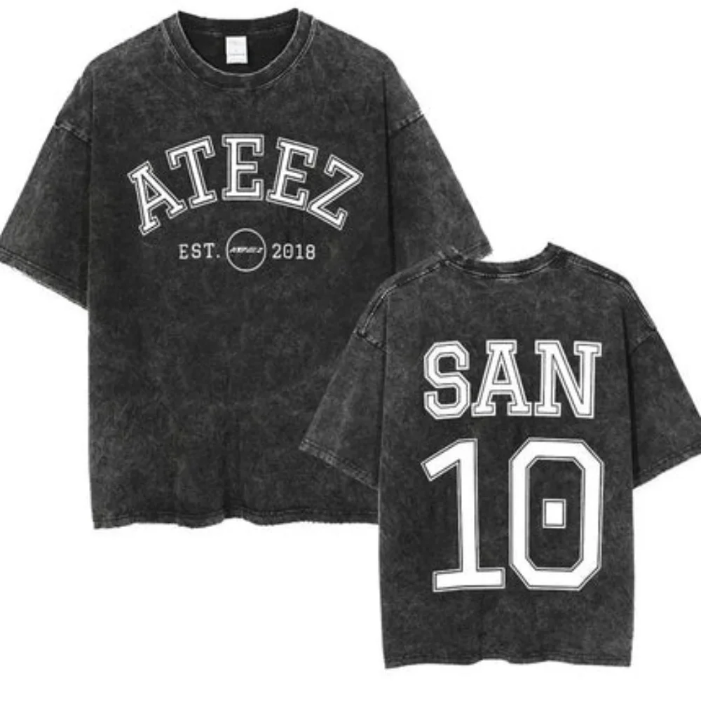 

ATEEZ Washed T-Shirt - Vintage Black Varsity Style K-Pop Tee, Oversized Fit, Ideal for ATINY Fans & Streetwear Collections