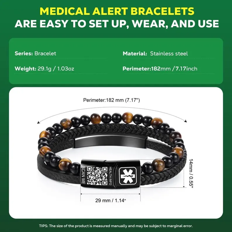 Natural Tiger Eye Stone Medical ID Bracelet Men Braided Genuine Leather Wristband Custom QR Code Emergency Alert Health Jewelry view 4