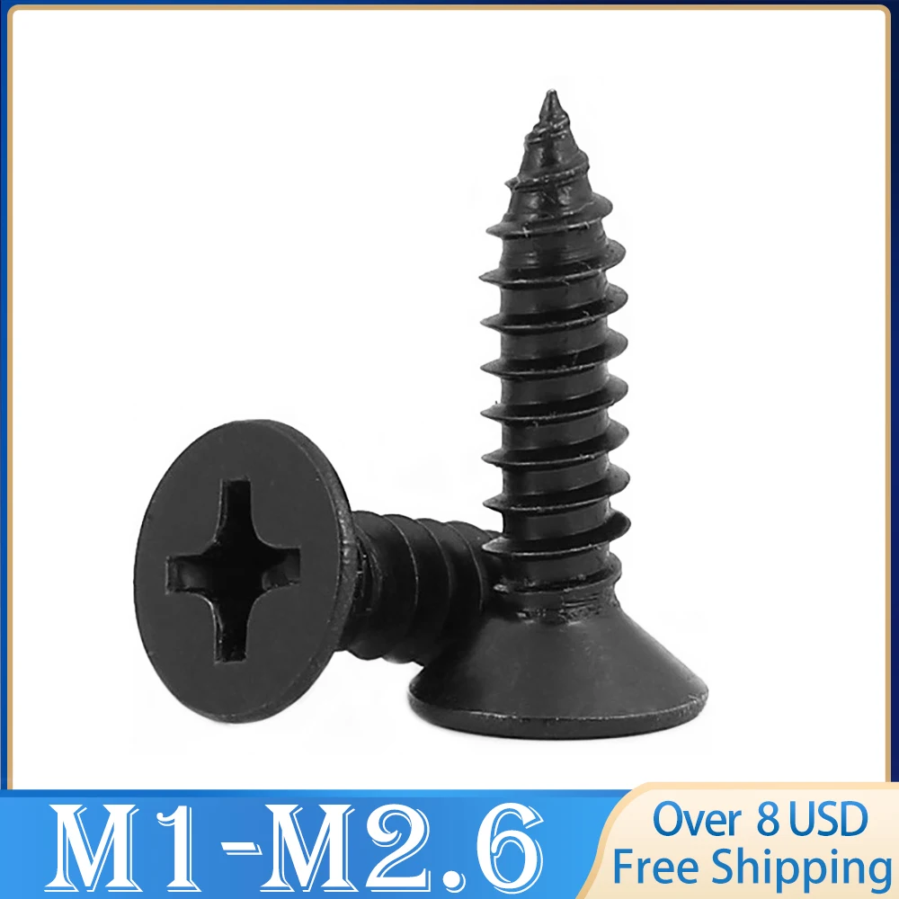 100pcs M1.2 M 1.3 M1.4 M1.5 M1.6 M1.7 1.8 M2.2 M2.5 M2.6 Mini Phillips Flat Countersunk Self-tapping Screw Black Carbon Steel