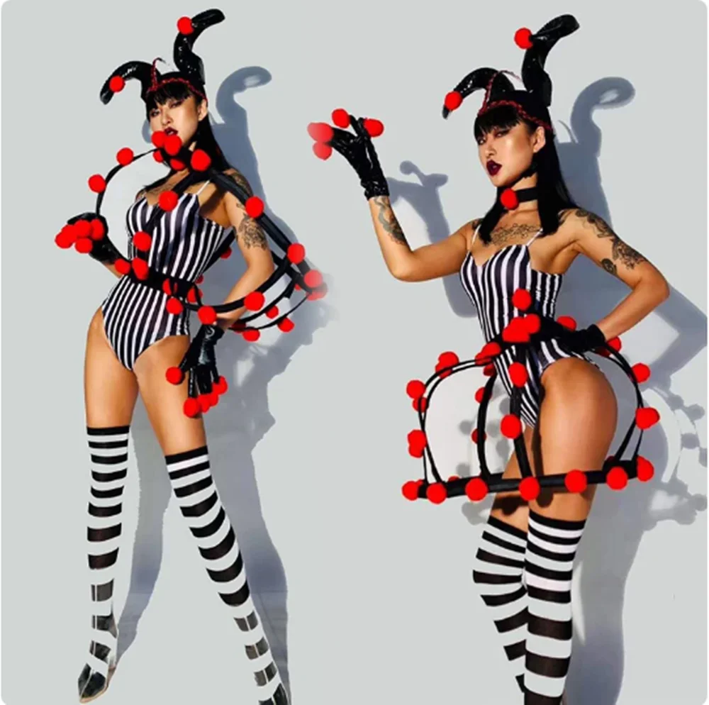 Nightclub Gogo Dance Costume Clown Striped Bodysuit Singer Stage Wear Rave Outfit Drag Queen Clothes Festival Clothing