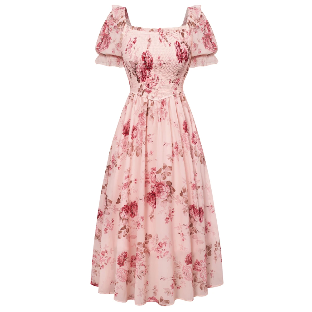 

SD Dress Women Vintage Renaissance Chiffon Floral Printing Dress Short Sleeve Square Neck Summer Midi A-Line Dress Robe Femme