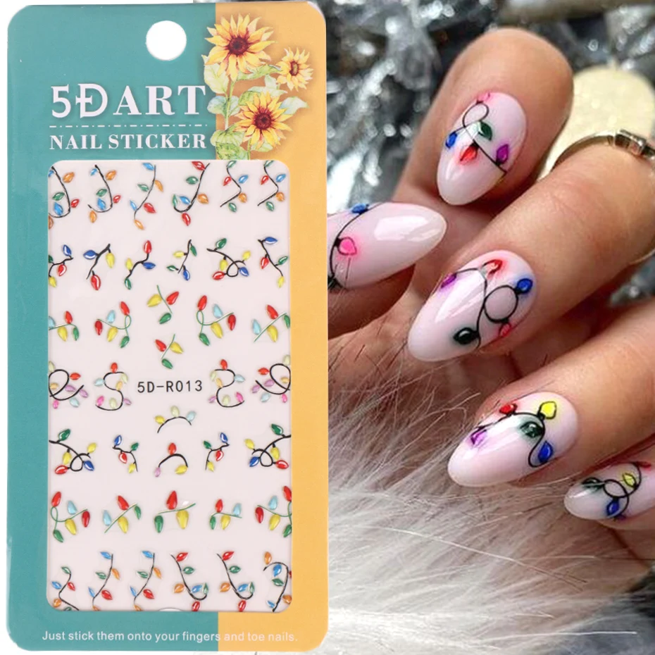 5D Christmas Design Nail Stickers Acrylic Embossed Lantern Holly Santa Snowflake Lace Flower Winter Xmas Engraved Manicure Decor