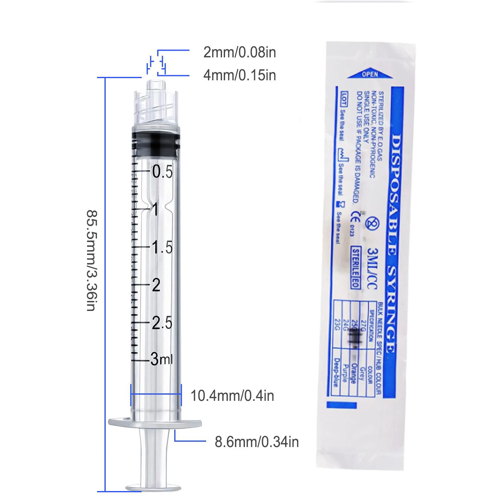 100pcs 3ml/cc Sterile Disposable Luer Lock Plastic Syringe Without Needle, Individually Wrapped For Lab Use