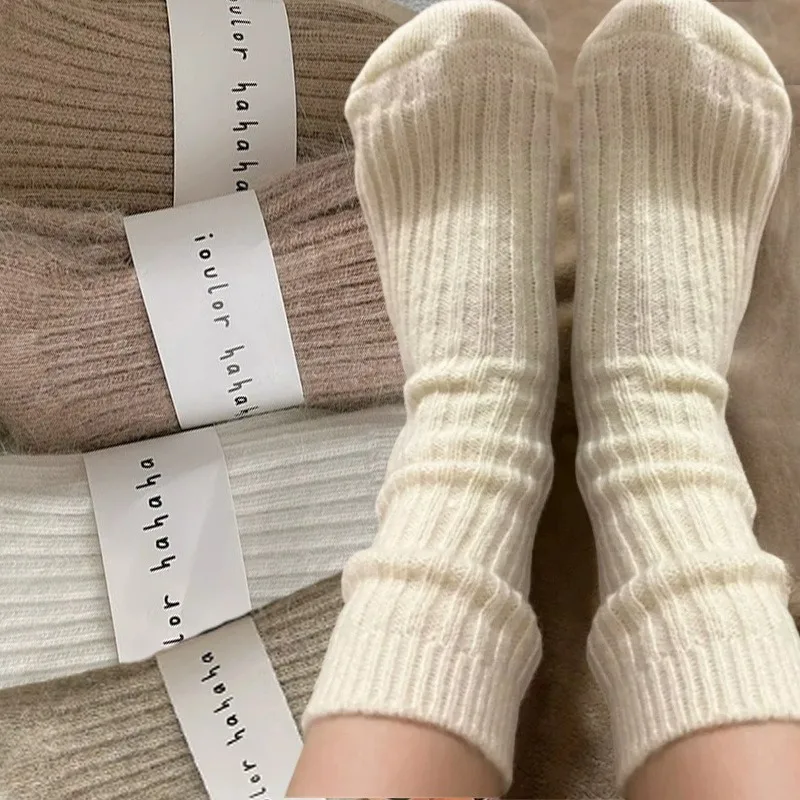 

Soft Thicken Cashmere Socks for Women Winter Knitted Thermal Mid Tube Stockings Girls Solid Color Harajuku Stripes Long Socks