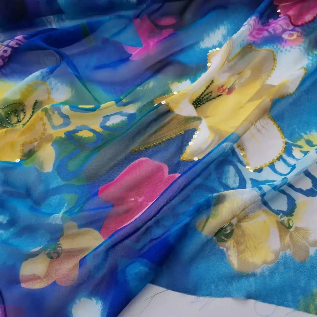 100% Silk Fabric Tissue Embroidery Sequins Scarf Saree Decoration Dress Material
