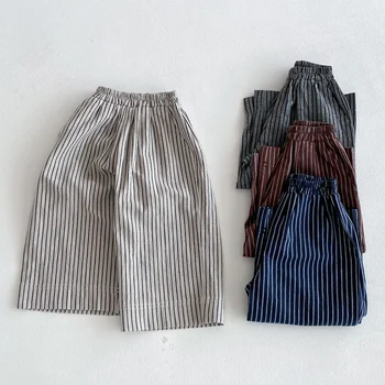 Boys Girls Linen Cotton Stripe Trousers For Children's Clothes Fall Spring Boy Loose Casual Harem Pants Kids Long Pants for 1-6T