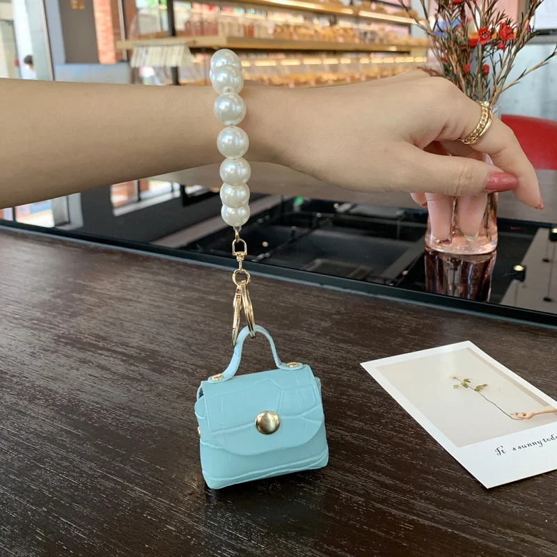 2024 Creative Bag Pendant Pearl Keychain Women Girl Cute Mini PU Leather Key Chain Car Key Ring Holder Jewelry Bag Accessories