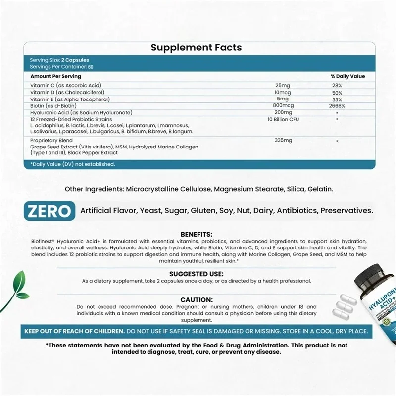 Hyaluronic Acid Supplement - Skin Moisturizing, Joint Lubrication, Anti-Aging, Enhance Skin Elasticity