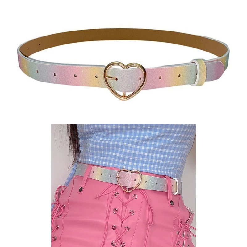 

Women Harajuku Rainbow Color Waist Belt with Heart Buckle Full Sequins Belt Adult Teens Girl Female Jeans Skirt Dress Waistband