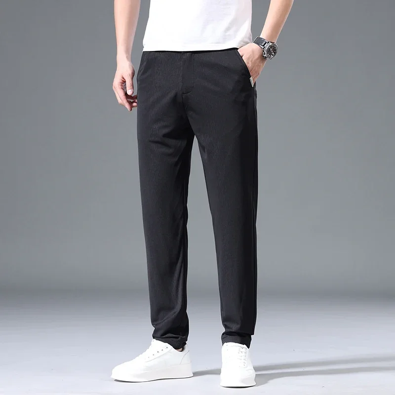 Summer New Thin Ice Silk Stretch Men's Pants Fashion Casual Elastic Waist Smooth Pants Male Brand Business Clothing Male Trouser