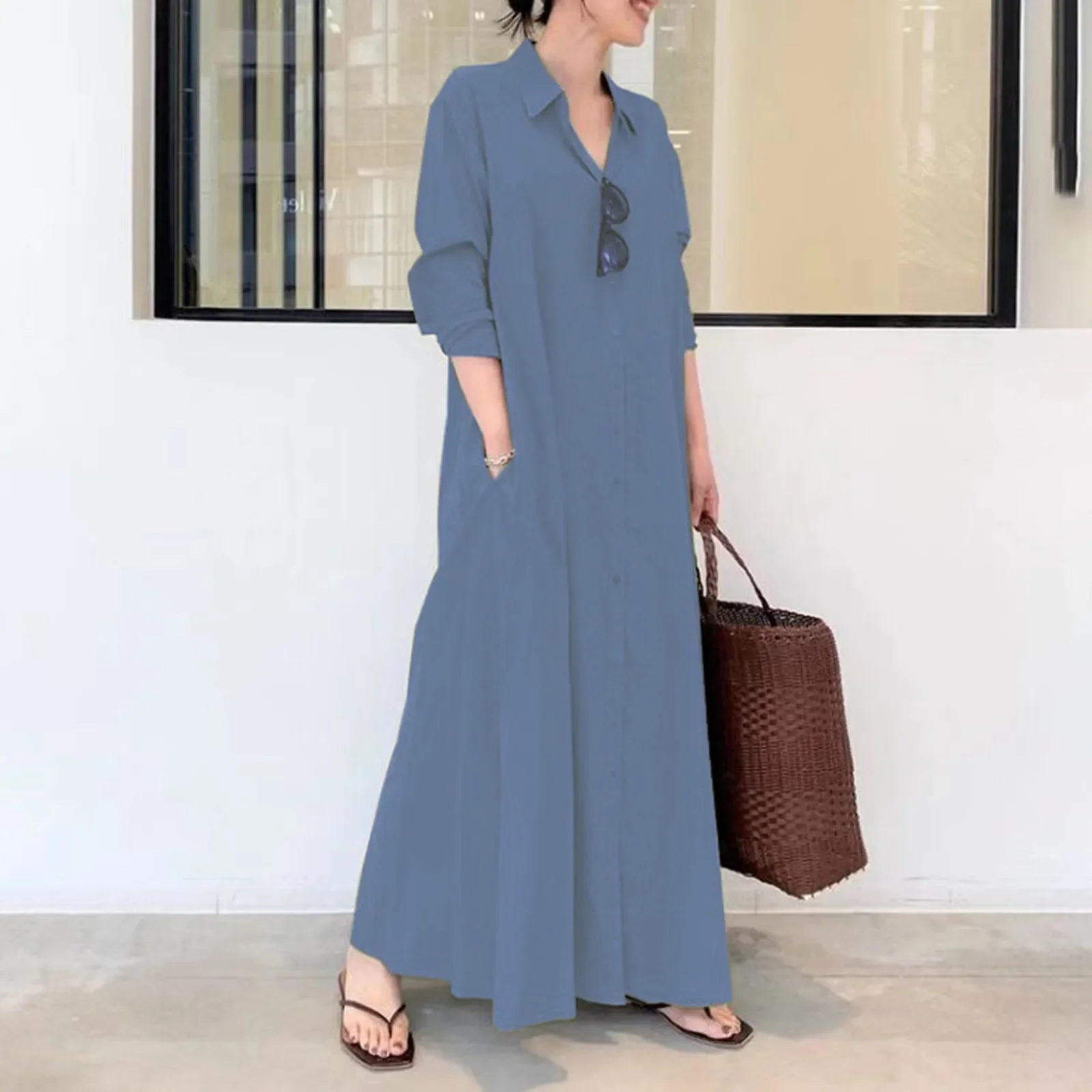 

Shirt Dress 2024 Spring Summer Women Clothing Simple Loose Pocket Casual Long Sleeve Polyester Fabric Comfortable Maxi Dress