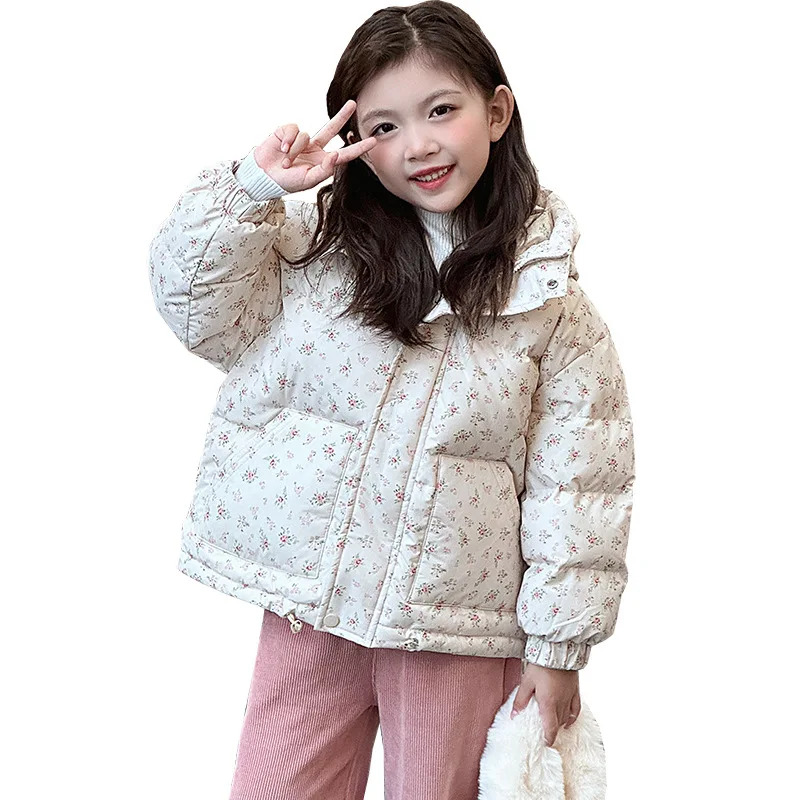 Girls Floral Cotton Hooded Zipper Coat Children Winter Clothing Thickened Baby Cotton-padded Jacket Kids Parkas