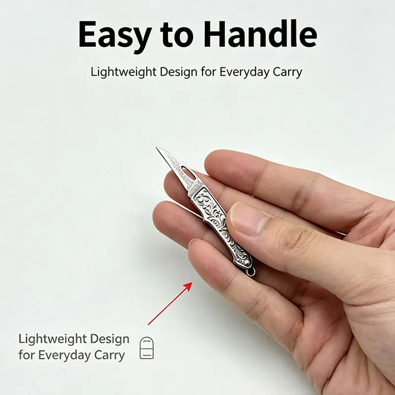 Mini Portable Keychain Knife, Etched Damascus‑Pattern Blade, Household Parcel‑Opening Knife
