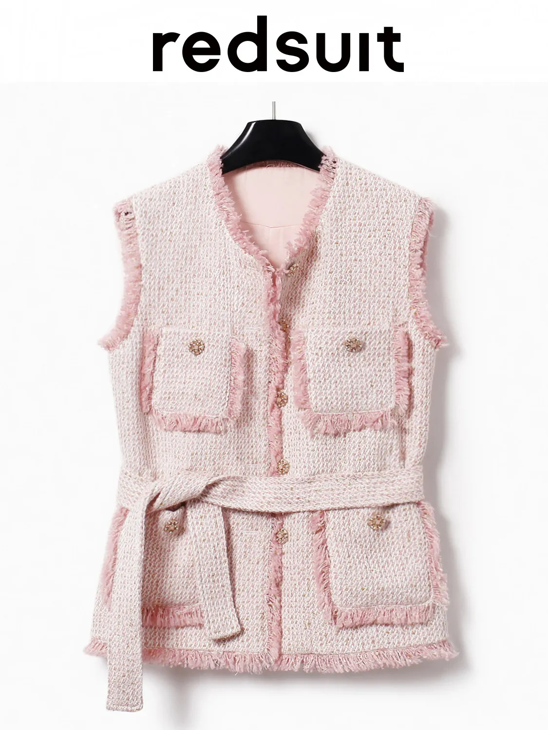 New Pink coarse tweed round neck for slimming fashionable style Custom size