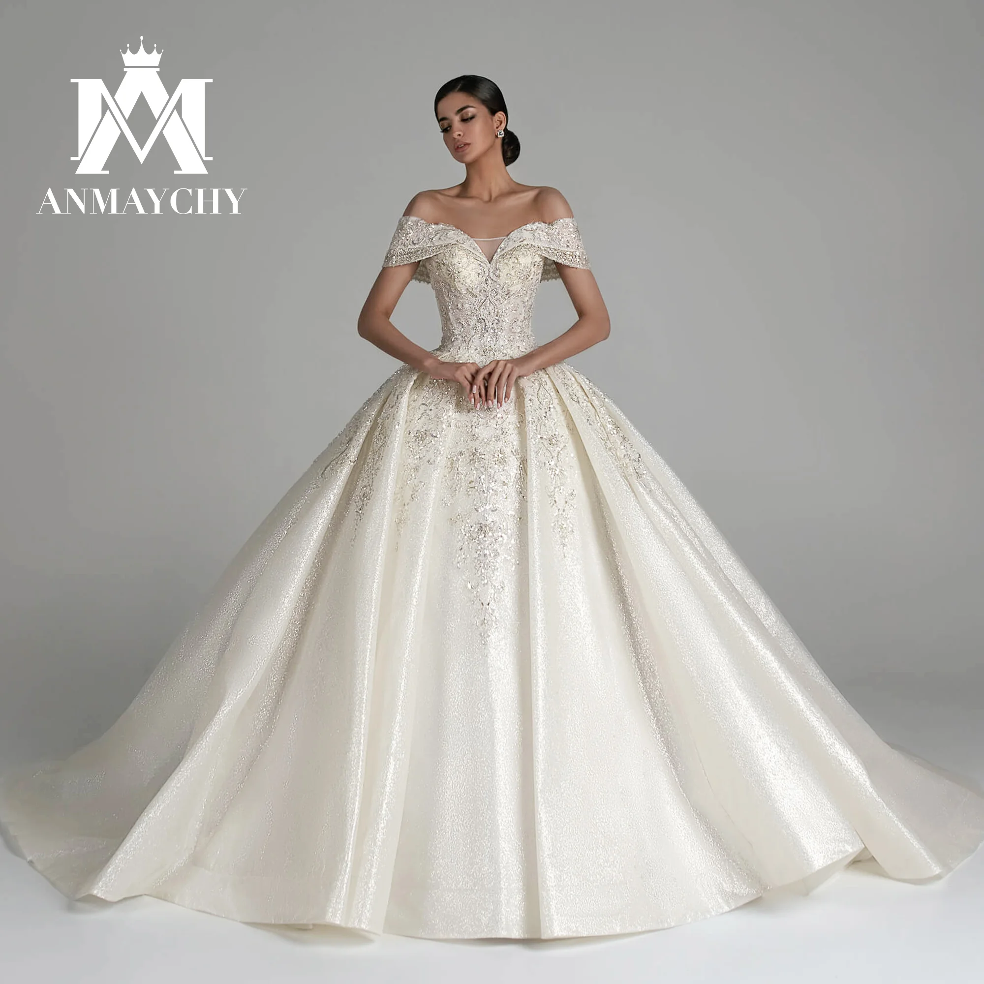 

ANMAYCHY Royal Ball Gown Wedding Dress 2023 Luxury Sparkling Tulle Sequined Wedding Gown Lace Off the Shoulder Vestidos De Novia