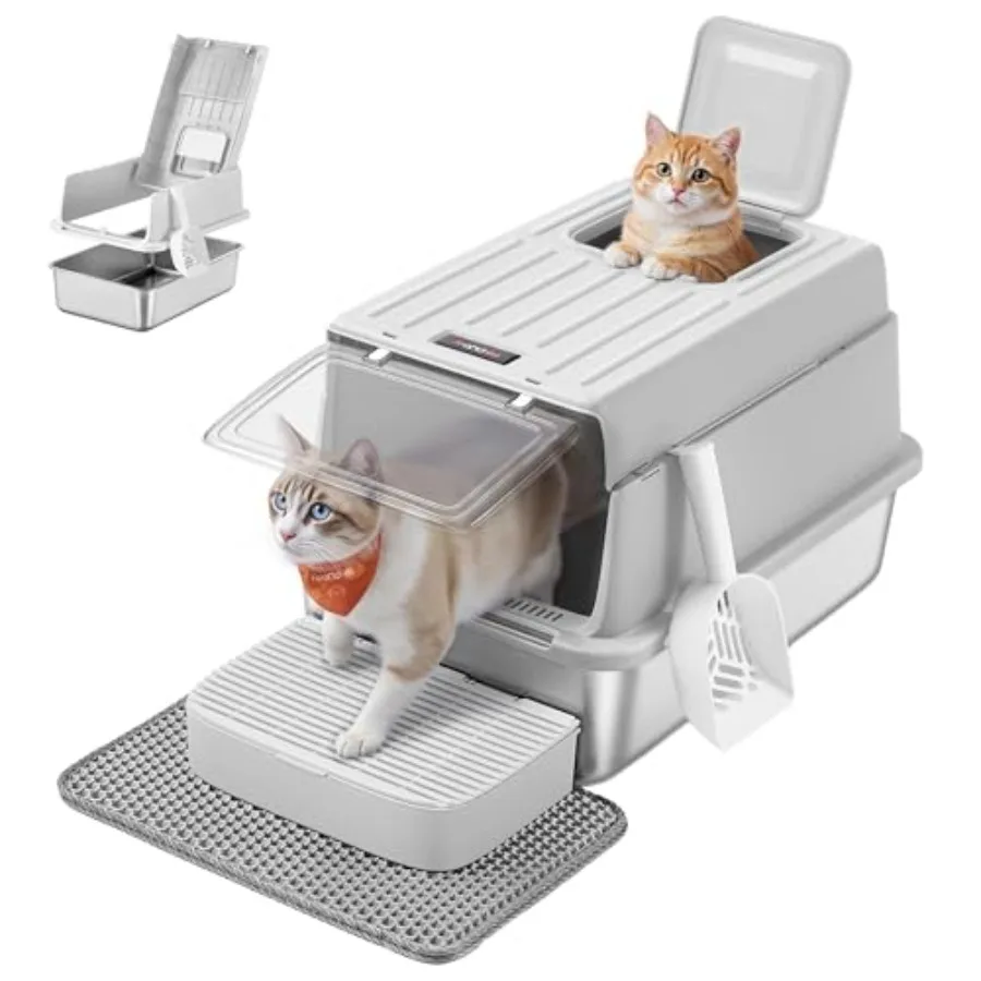 

Stainless Steel Cat Litter Box with Flip Lid Litter Catcher Mat and Box 2 Doors Scoop for Cats up to 33 lb UPPT007GD01