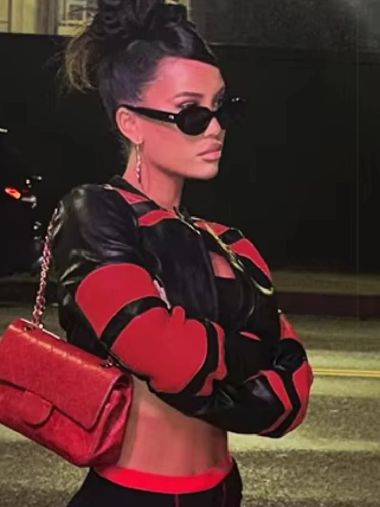 

Whatiwear Hot Girls Contrast Patchwork Crop Coats Women Faux Leather Zip Button o-Neck Full Sleeve Street Style Classic Jacket