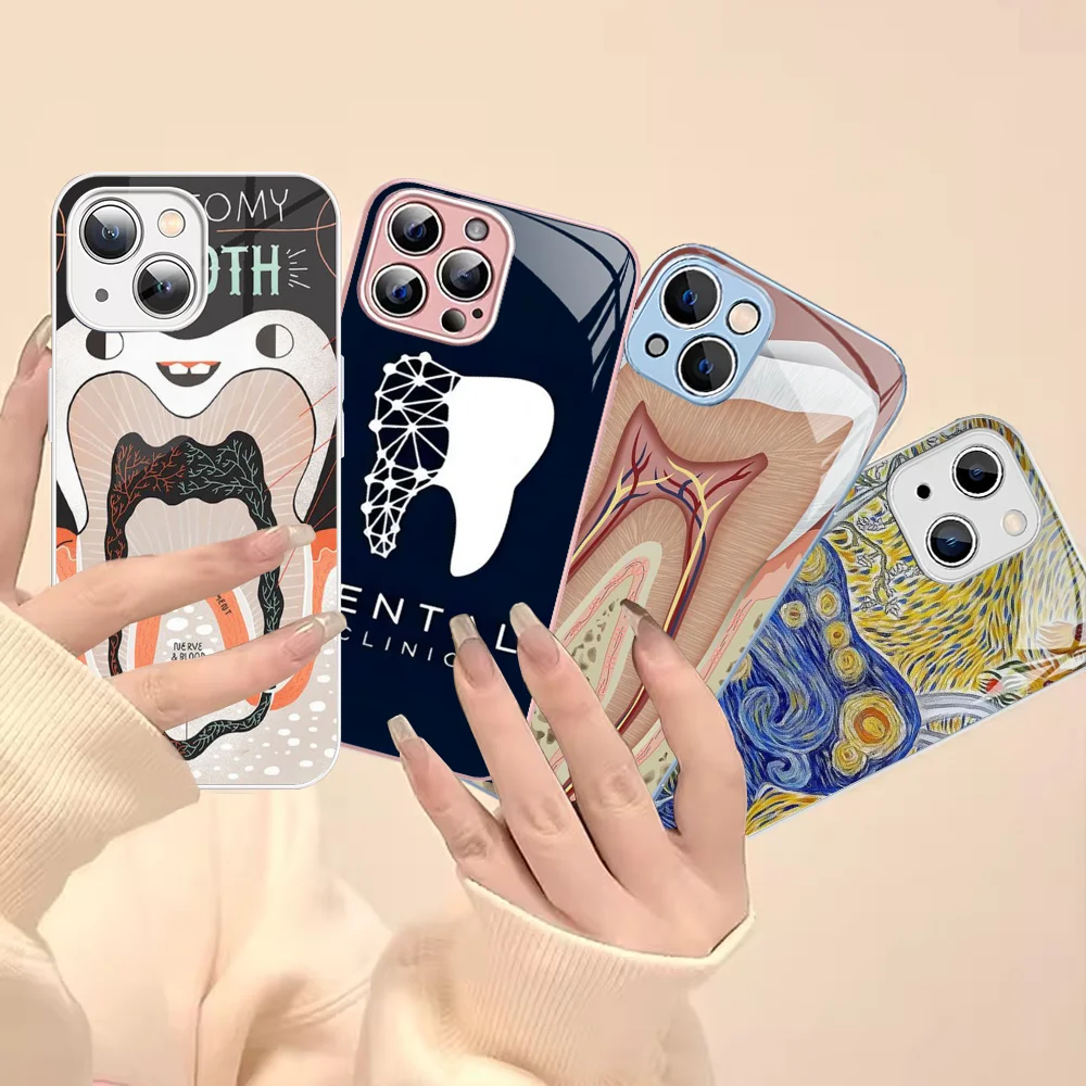 

Dentist Tooth Pattern Phone Case For iPhone 15 13 12 Mini 11 Pro XS Max X XR 14 Plus Tempered Glass Cover