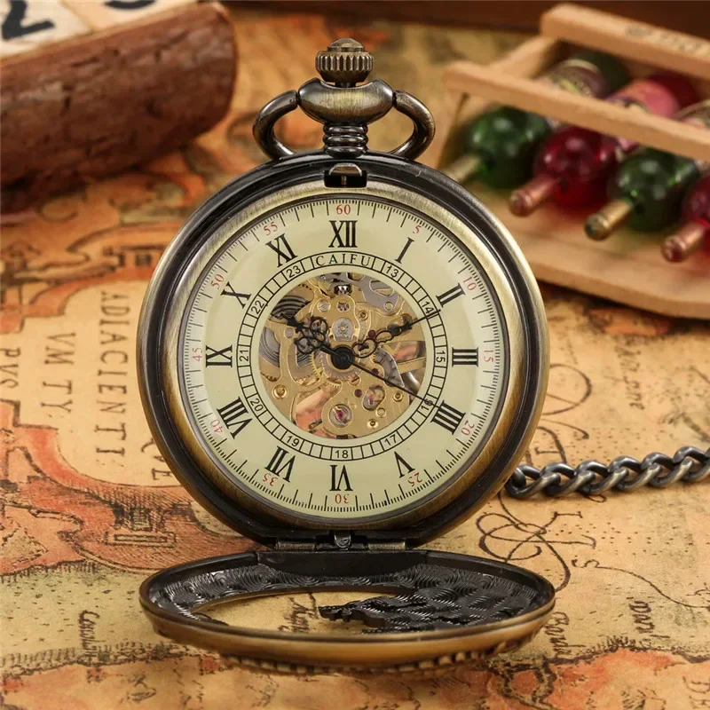 Steampunk Hollow Out Dragon Half Hunter Clock Hand Wind Mechanical Skeleton Pocket Watch for Men Women Pendant Chain Timepiece