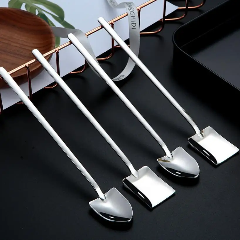 1Pcs Retro Creative Spade‑Shaped Spoon 304 Stainless Steel Long Handle Coffee Stirring Spoon Net Red Dessert Watermelon Spoon