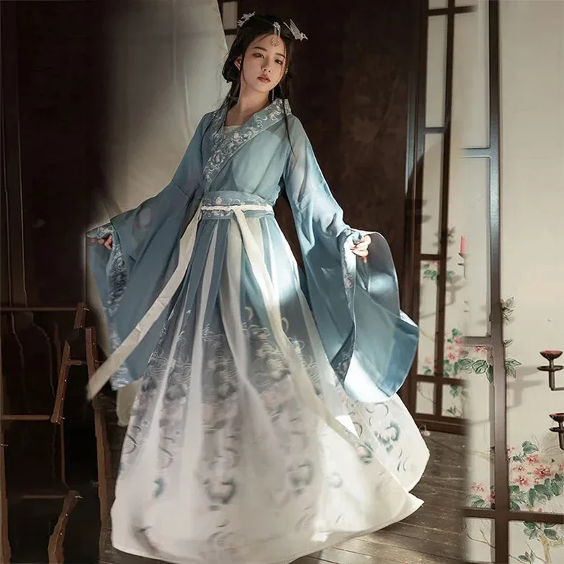 ชุด Hanfu ผู้หญิงจีนโบราณโบราณโบราณเทศกาลเจ้าหญิงชุดคอสเพลย์ผู้หญิงบนเวที Hanfu ชุดเดรสเต้นรำฟ้าและแดง