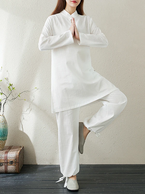 ชุดเซ็ตสองชิ้นผ้าฝ้ายลินินแท้ สไตล์เซน สีขาว เสื้อผ้าเซนสำหรับผู้หญิง สไตล์นางฟ้า บรรยากาศเซน สำหรับการเรียนหรือทำสมาธิแบบพุทธ