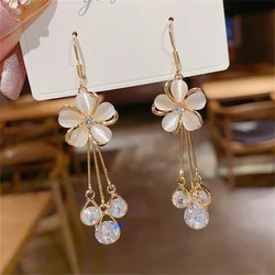 New Korean Exquisite Opal Flower Earrings For Women Temperament Rhinestone Long Tassel Earring Girl Elegant Wedding Jewelry Gift