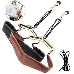 Genuine Leather Saxophone Double Shoulder Neck Strap Cowhide Material Adjustable Sax Stage Play Neck Belt 2 Colors Optional