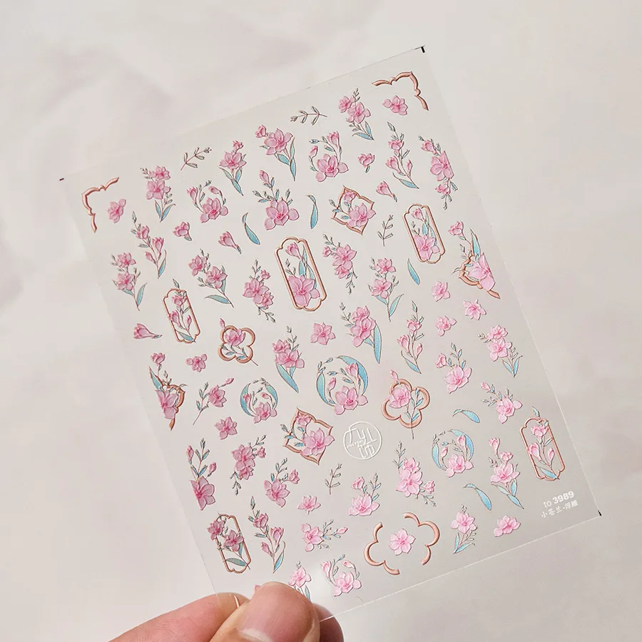 1pcs 5D Kawaii Sweet Flower Nail Art Sticker Exquisite Embossed Pink Canglan Stickers Nail Decoration Slider Decals Accessories