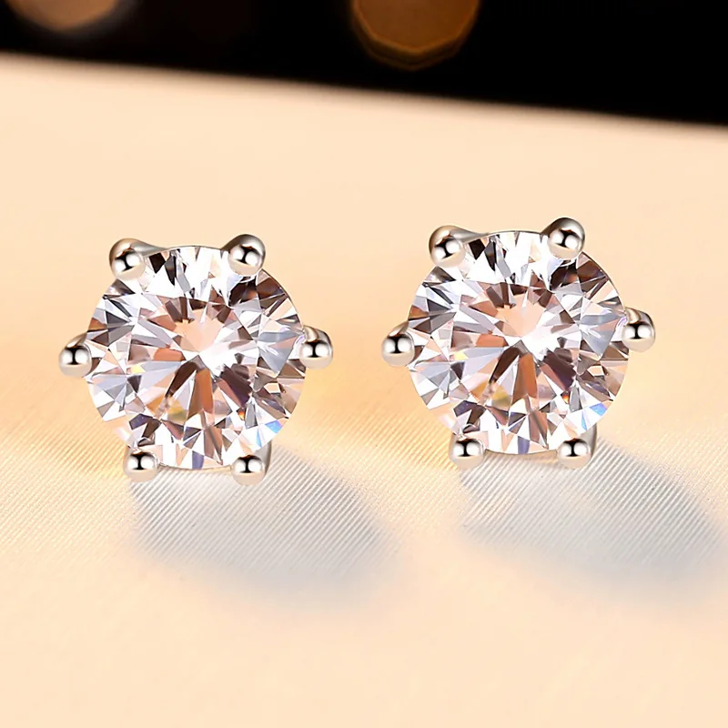 

925 sterling silver moissanite earrings for women in Korean fashion, one carat platinum plated six claw ear accessory
