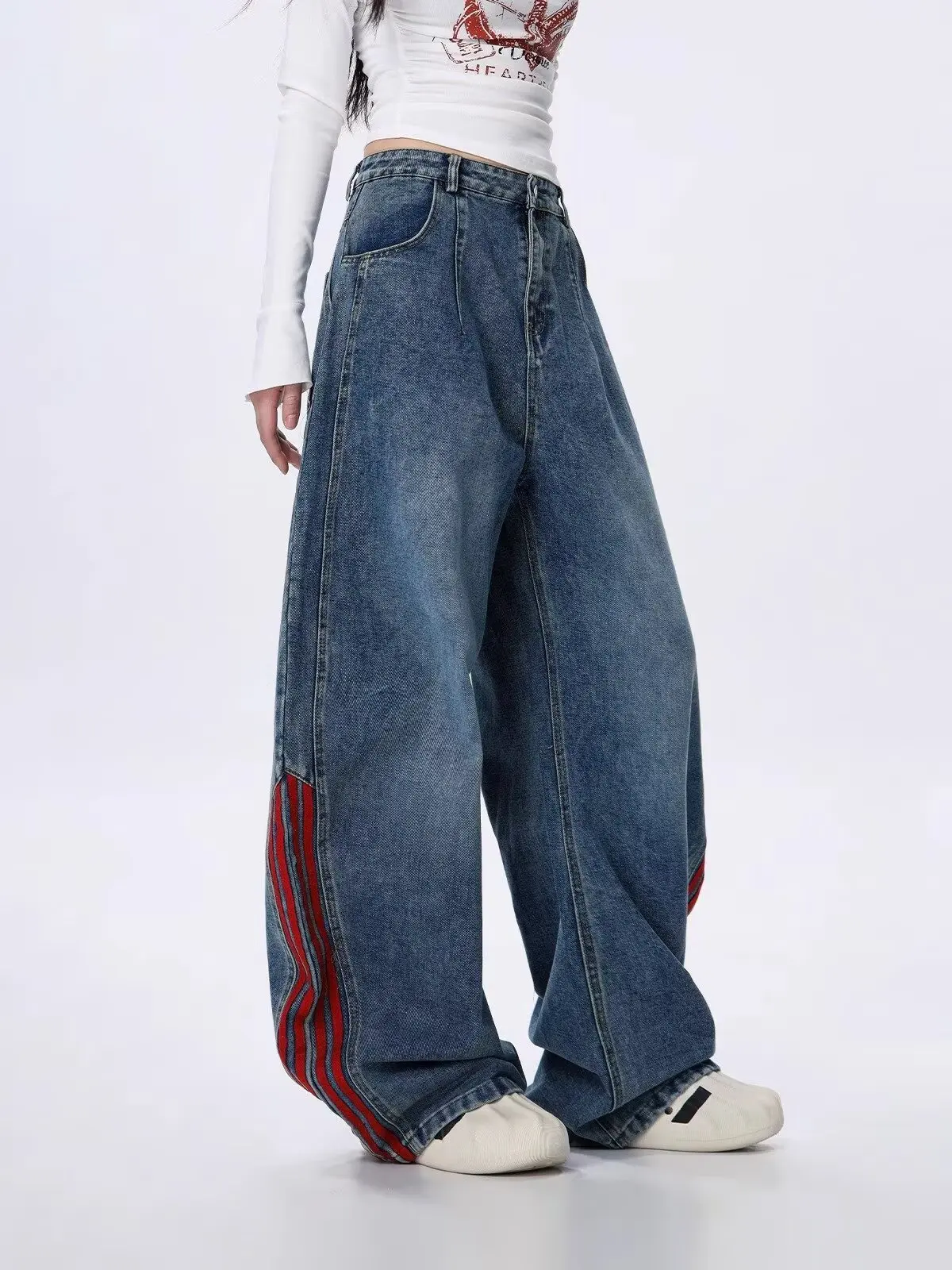 

Американские ретро-полосатые джинсы Scimitar для женщин, новые свободные прямые широкие брюки, мешковатые женские брюки в японском и корейском стиле