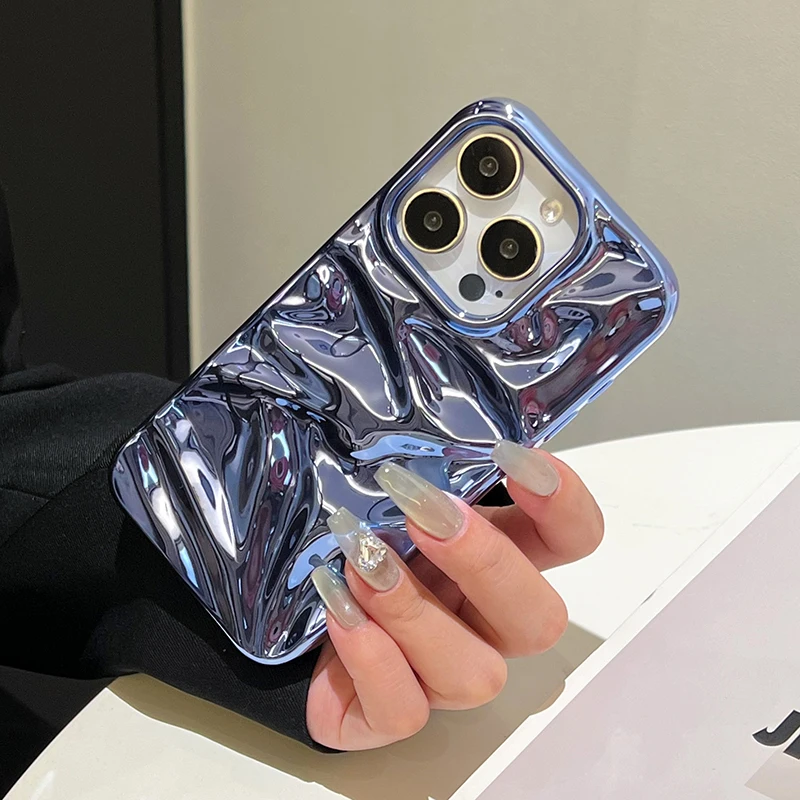 Plating Blue Glossy Water Ripple Phone Case For iPhone 17 Air 16 15 14 13 12 11 Pro Max 16 Plus Soft Shockproof Back Cover