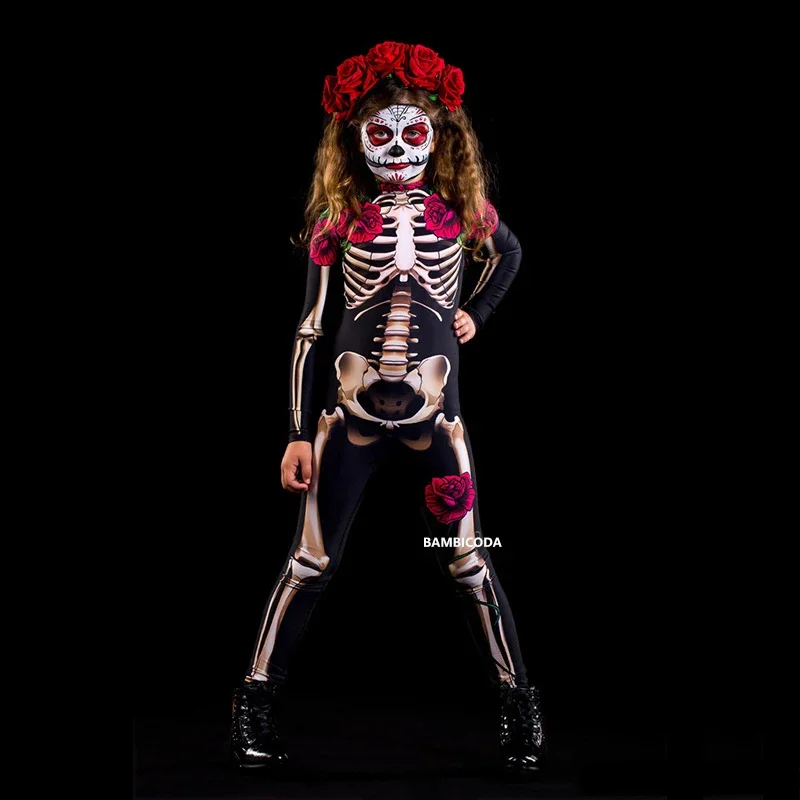 Halloween Enge Cosplay Volwassen Kinderen Rose Skelet Eng Kostuum Sex Jumpsuit Carnavalsfeest Vrouwen Meisje Schrik Set Dag Van De Doden